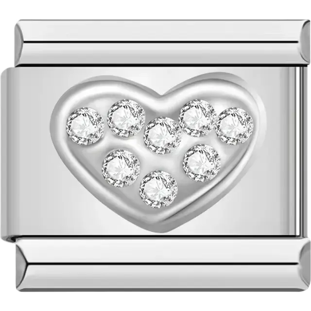 Heart-shaped silver design adorned with clear crystals Italian charm bracelet link