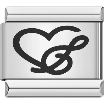 Black heart connected to a cursive ampersand symbol Italian charm bracelet link