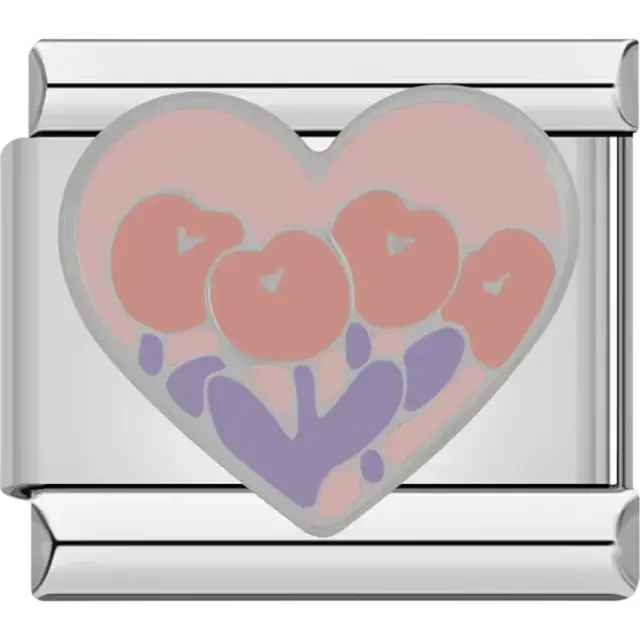 Heart design with pink flowers and purple leaves Italian charm bracelet link