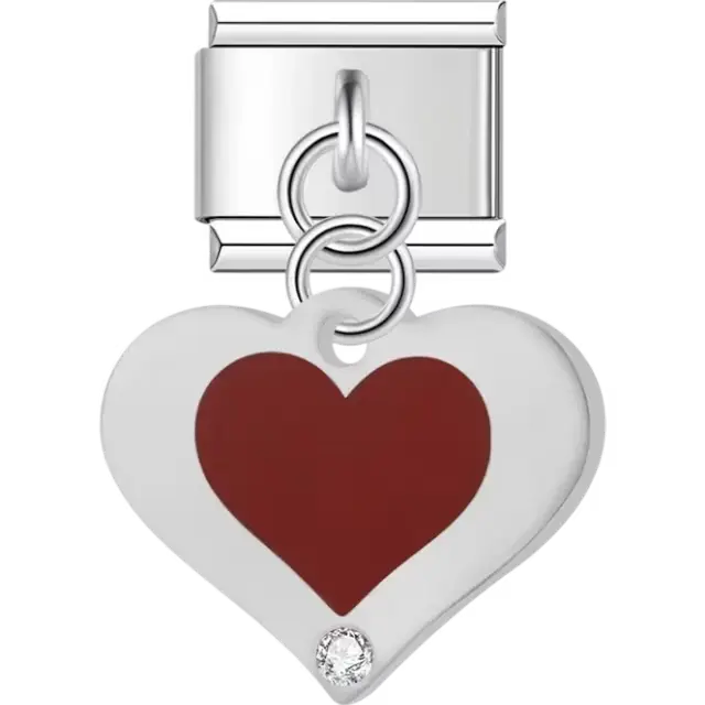 White heart with red heart center and clear gemstone detail dangle Italian charm bracelet link
