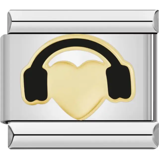 Gold heart design with black headphones Italian charm bracelet link