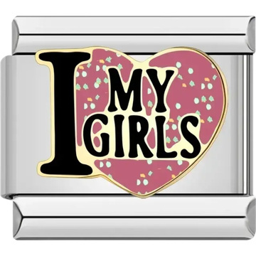 Heart with “I My Girls” text and colorful speckles Italian charm bracelet link