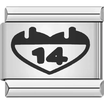 Black heart outline with the number "14" inside Italian charm bracelet link