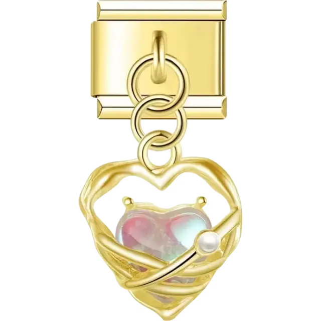 Heart-shaped dangle with an iridescent center and orbit-style detailing Italian charm bracelet link