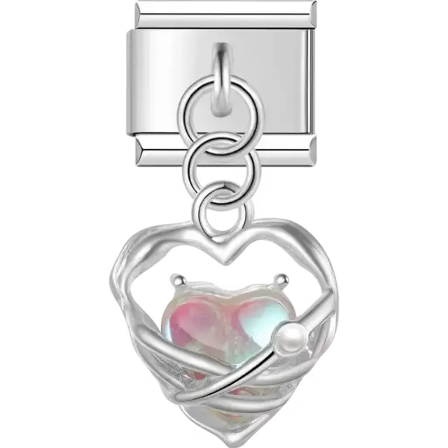 Heart-shaped dangle with an iridescent center and orbit-style detailing Italian charm bracelet link