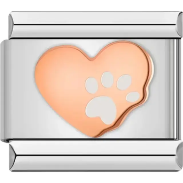 Rose gold heart design featuring a white paw print Italian charm bracelet link
