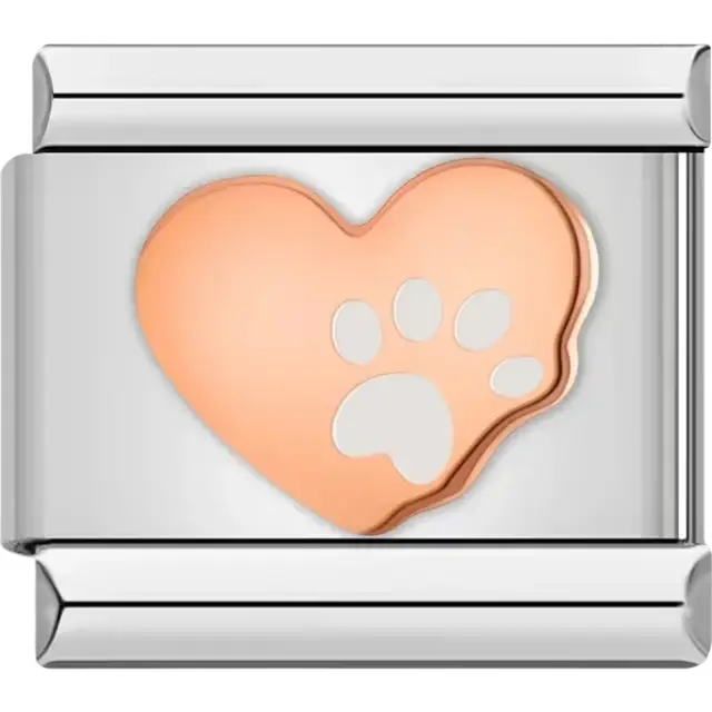 Rose gold heart design featuring a white paw print Italian charm bracelet link