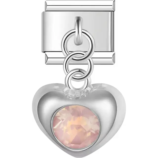 Heart-shaped dangle with pink faceted crystal center Italian charm bracelet link