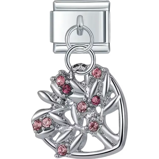 Heart dangle with pink crystals and leaf cutouts Italian charm bracelet link