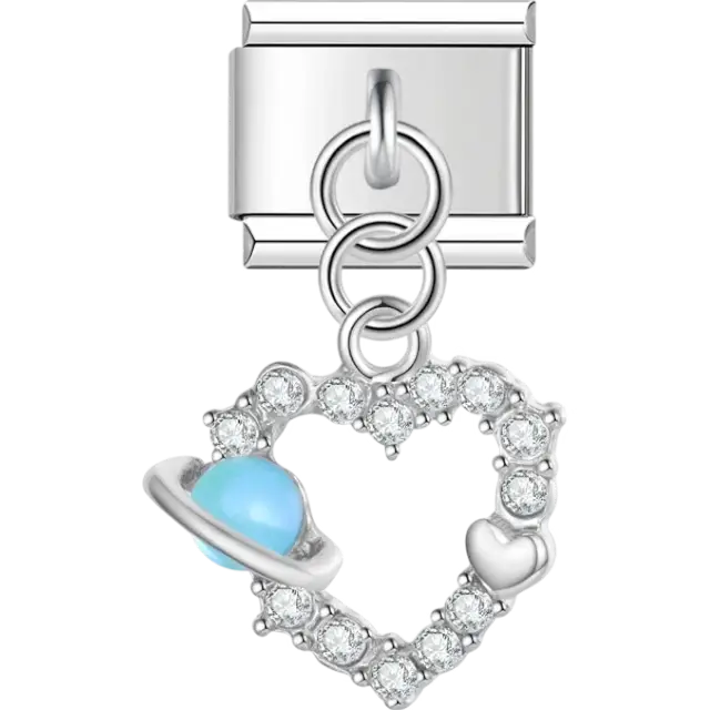 Heart with planet and heart dangle Italian charm bracelet link