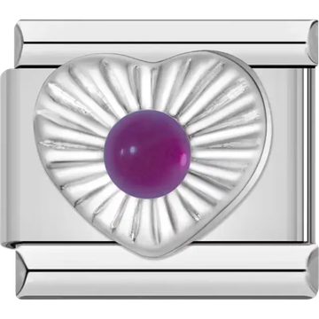 Heart-shaped design with a purple gemstone in the center Italian charm bracelet link