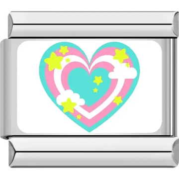 Multicolored heart design surrounded by stars and clouds Italian charm bracelet link