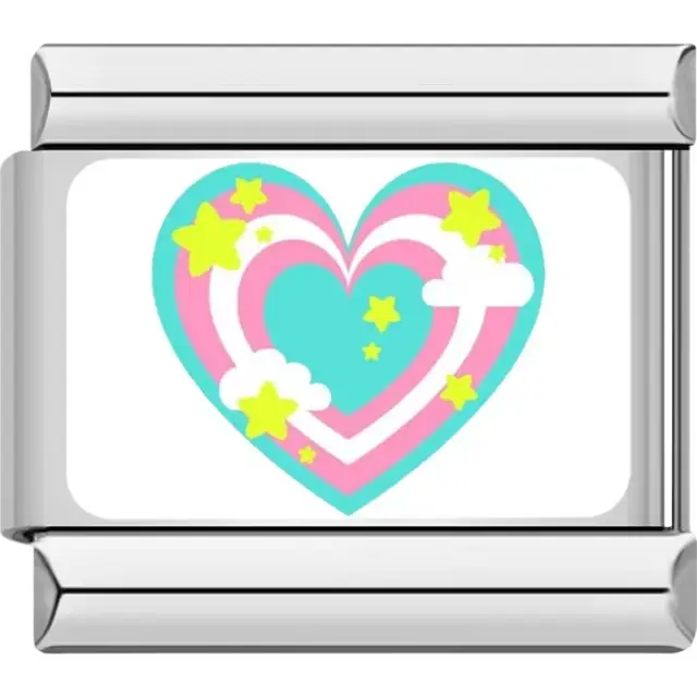 Multicolored heart design surrounded by stars and clouds Italian charm bracelet link