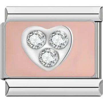 Silver heart with three clear crystals on pink background Italian charm bracelet link