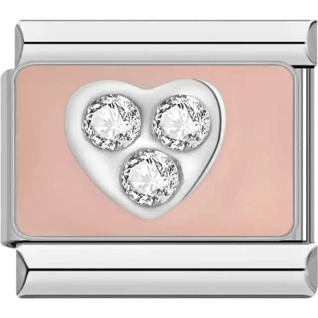 Silver heart with three clear crystals on pink background Italian charm bracelet link