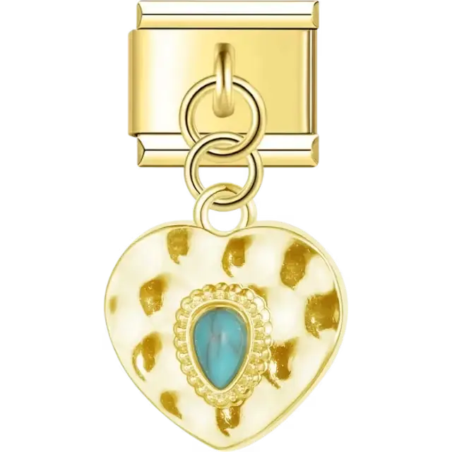 Heart pendant featuring a turquoise centerpiece with a textured pattern design Italian charm bracelet link