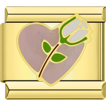 Gold-outlined heart design in soft pink with a detailed white rose and green leaves Italian charm bracelet link