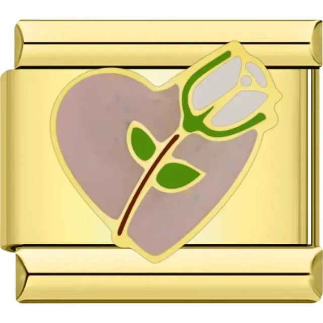 Gold-outlined heart design in soft pink with a detailed white rose and green leaves Italian charm bracelet link
