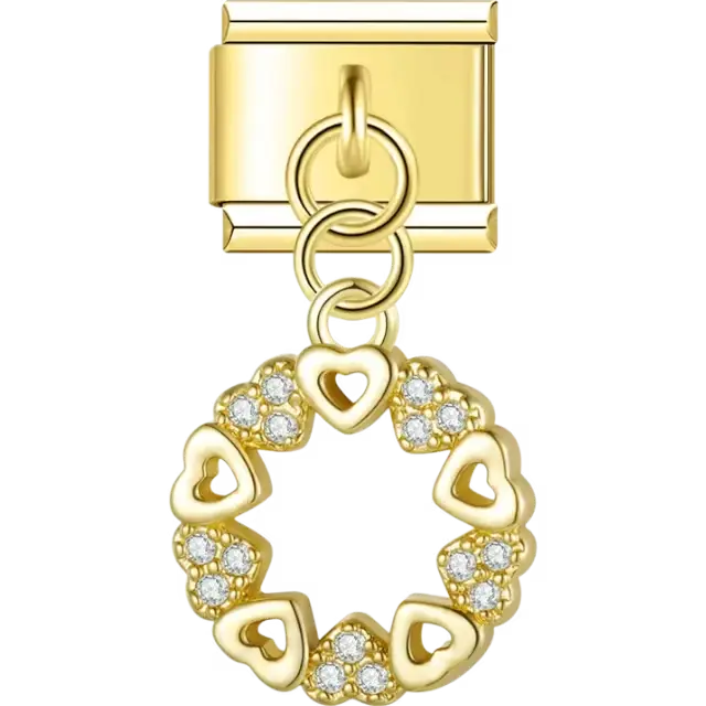 Heart wreath with alternating pavé crystal hearts and open hearts Italian charm bracelet link