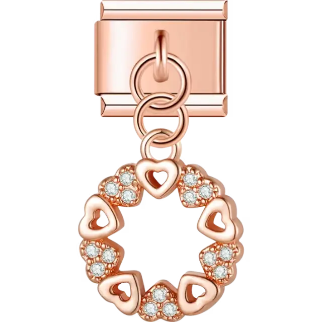 Heart wreath with alternating pavé crystal hearts and open hearts Italian charm bracelet link