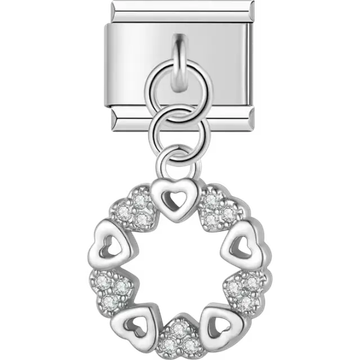 Heart wreath with alternating pavé crystal hearts and open hearts Italian charm bracelet link