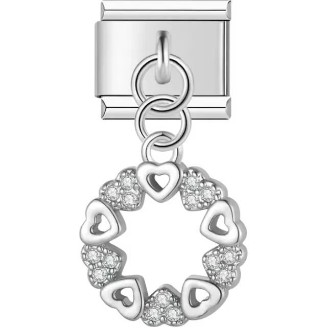 Heart wreath with alternating pavé crystal hearts and open hearts Italian charm bracelet link