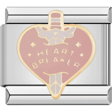 Pink heart pierced by a sword with "Heart Breaker" text Italian charm bracelet link