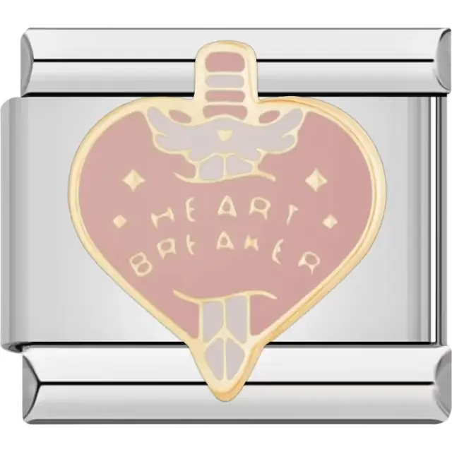 Pink heart pierced by a sword with "Heart Breaker" text Italian charm bracelet link
