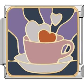 Pink teacup with white and red hearts on a saucer with purple and navy background Italian charm bracelet link