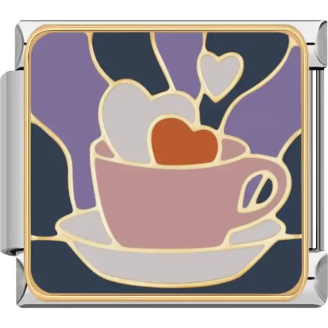 Pink teacup with white and red hearts on a saucer with purple and navy background Italian charm bracelet link