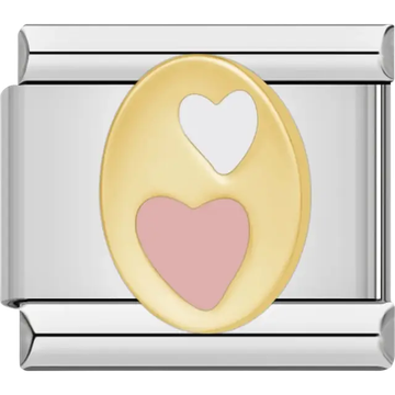Pink heart and white heart within a gold oval Italian charm bracelet link