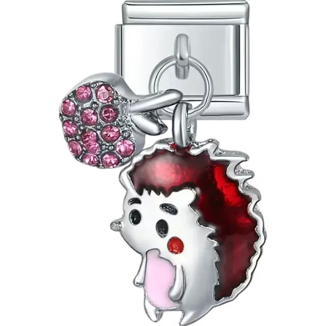 Dangle hedgehog with red spines and pink cheeks paired with a pink crystal-studded mushroom Italian charm bracelet link