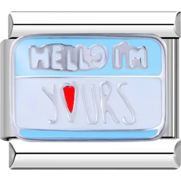 Light blue charm with red heart and white “Hello I’m Yours” text Italian charm bracelet link
