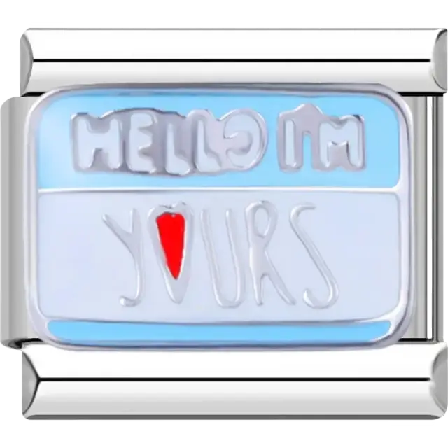 Light blue charm with red heart and white “Hello I’m Yours” text Italian charm bracelet link