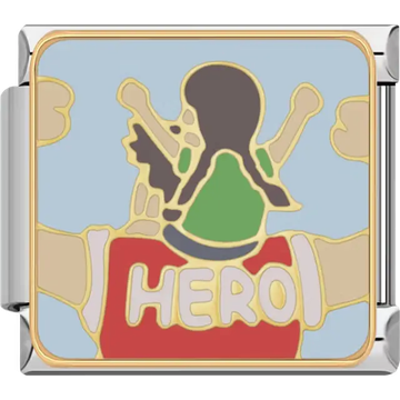 Child sitting on dad’s shoulders with green red and white accents on blue background Italian charm bracelet link