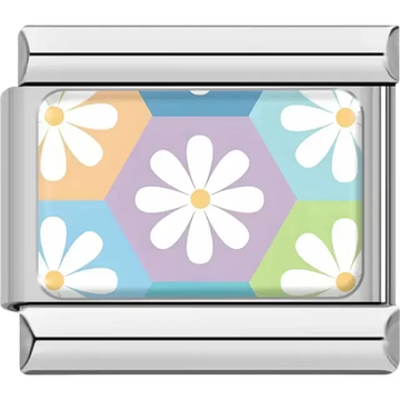 White daisies with yellow centers inside pastel hexagons on multicolored background Italian charm bracelet link