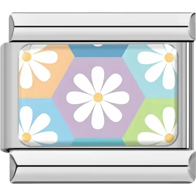 White daisies with yellow centers inside pastel hexagons on multicolored background Italian charm bracelet link