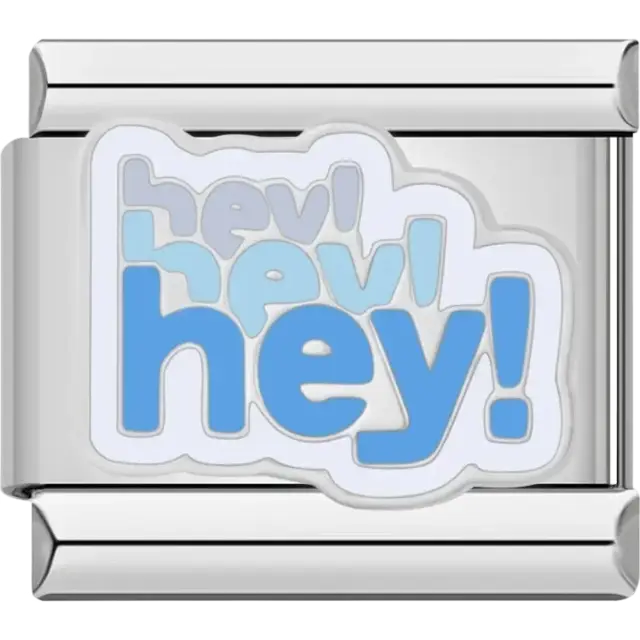 Light and dark blue “Hey!” text with layered accents Italian charm bracelet link
