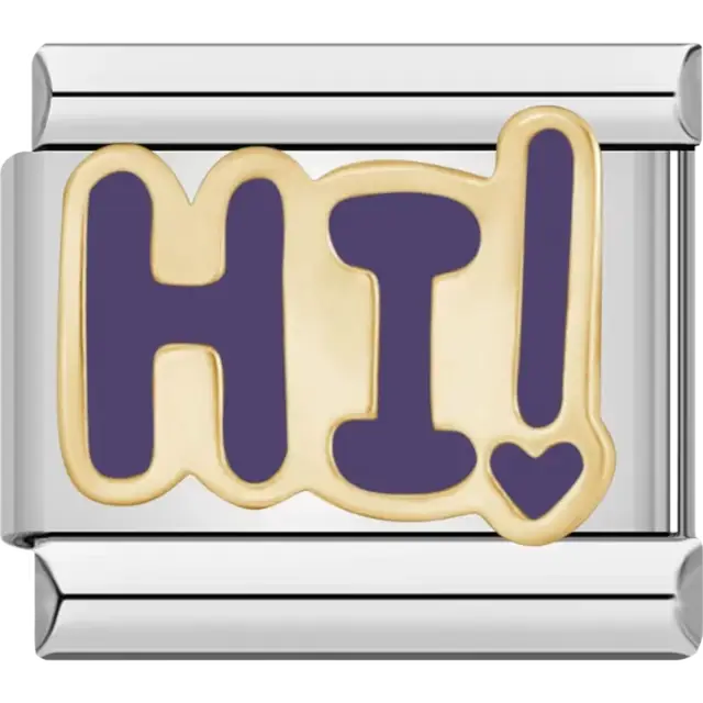 "HI!" text in purple with a small heart on a gold background Italian charm bracelet link