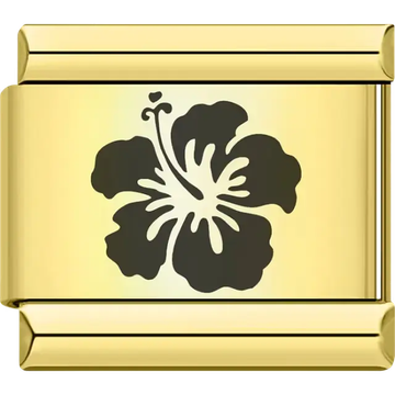 Black hibiscus flower silhouette with small heart accent Italian charm bracelet link