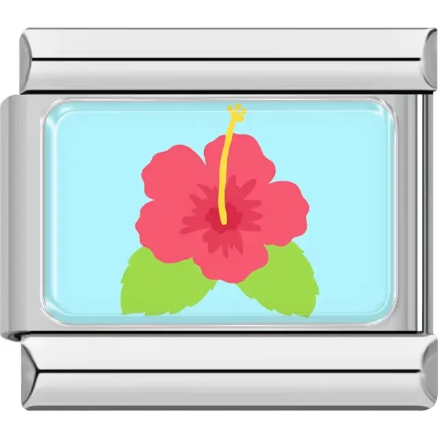 Bright pink hibiscus flower with green leaves on a blue background Italian charm bracelet link