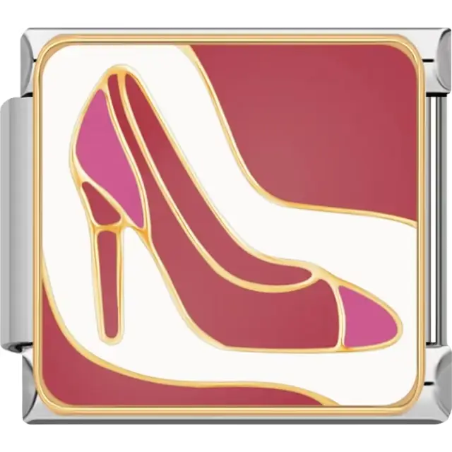 Stylized high heel shoe design in pink and gold on a red and white background Italian charm bracelet link