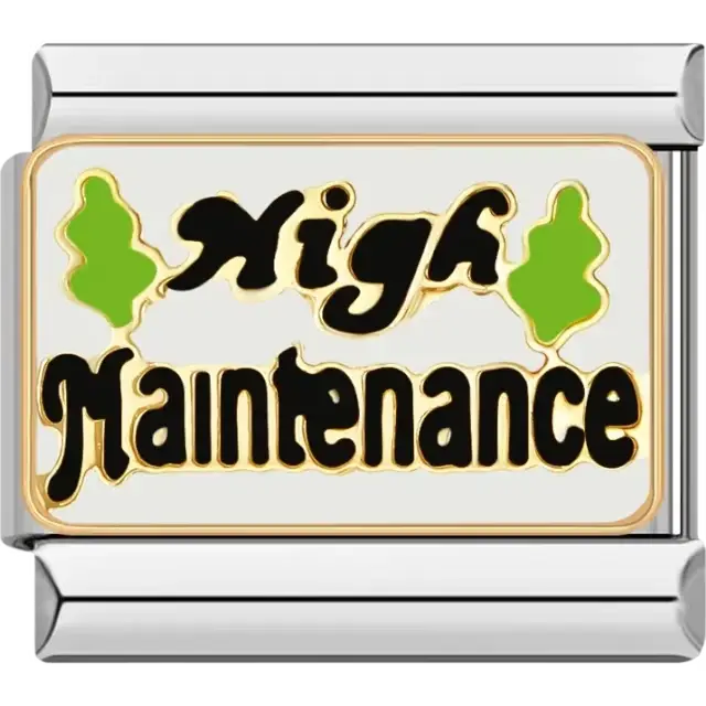 "High Maintenance" text in black with two green accents on a white background Italian charm bracelet link