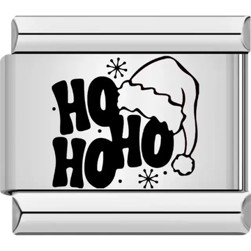 Black text "Ho Ho Ho" with Santa hat and snowflakes Italian charm bracelet link