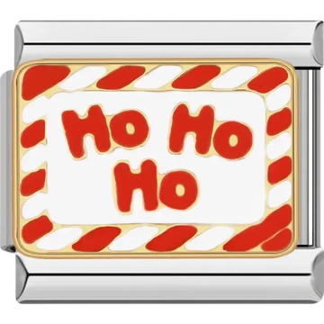 Ho Ho Ho text in red with white background and candy cane border design Italian charm bracelet link