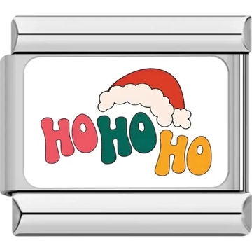 "Ho Ho Ho" text in red, green, and yellow with a red Santa hat Italian charm bracelet link