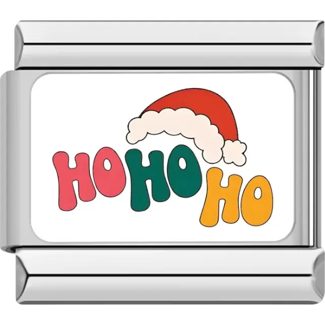 "Ho Ho Ho" text in red, green, and yellow with a red Santa hat Italian charm bracelet link