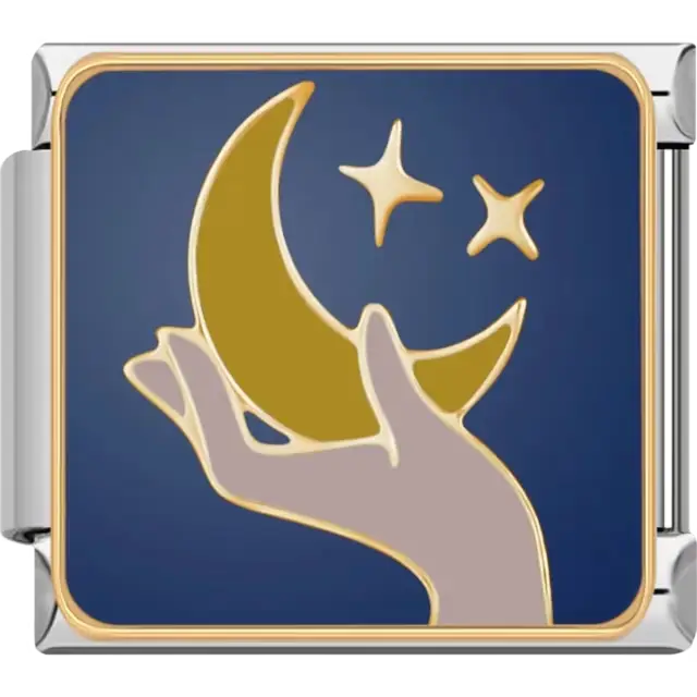 Gold crescent moon and stars held by a hand on a blue background Italian charm bracelet link