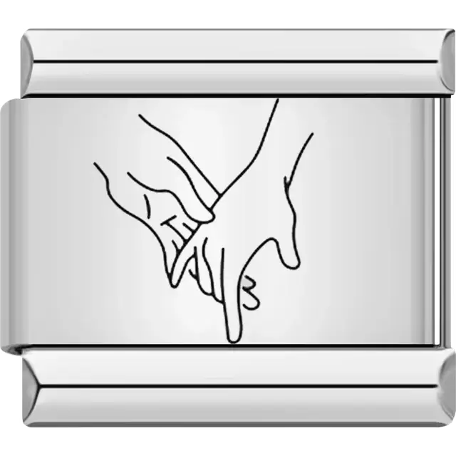 Black outline of two hands holding Italian charm bracelet link