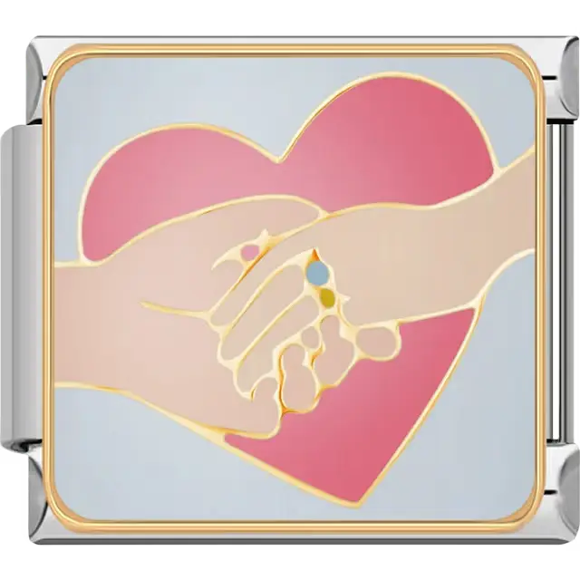 Couple holding hands with wedding ring on pink heart blue background Italian charm bracelet link